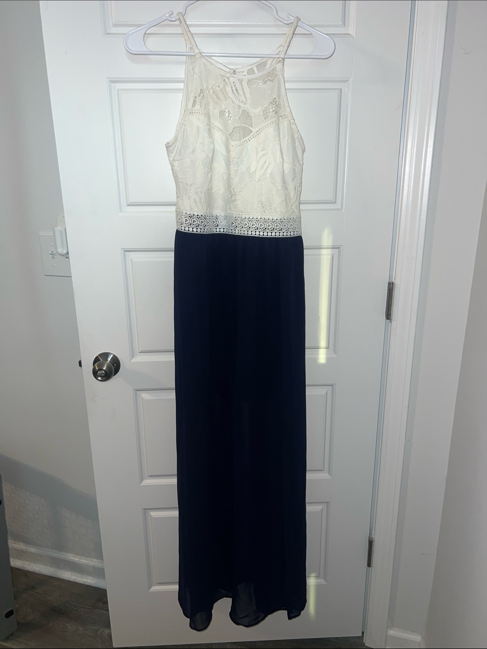 Ivory Lace & Navy Maxi Dress with Beaded Waist